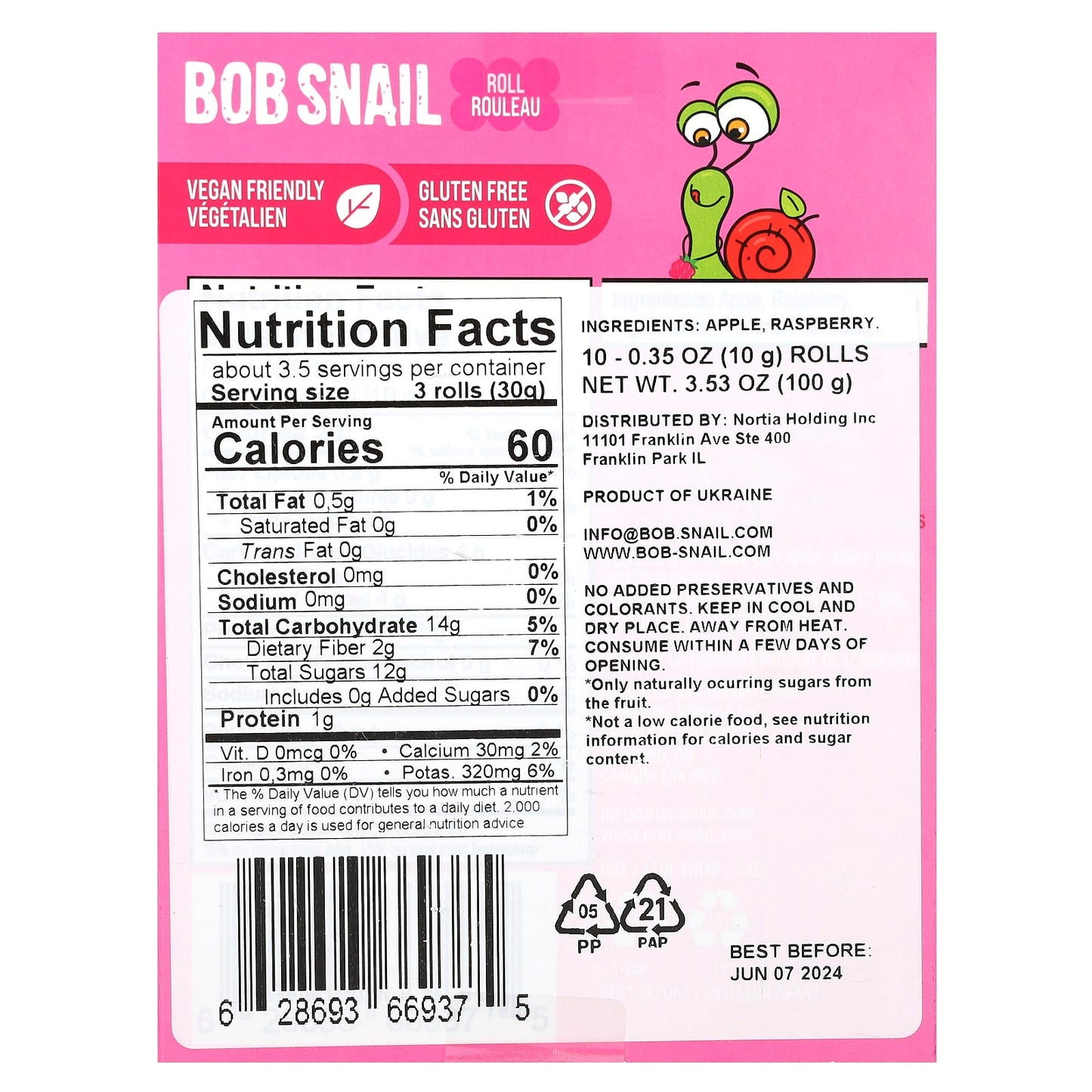 Bob Snail, Fruit Rolls, Apple-Raspberry, 10 Rolls, 0.35 oz (10 g) Each